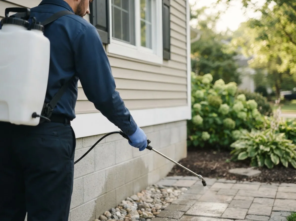 Pest control technician inspecting a home in Deansboro, NY